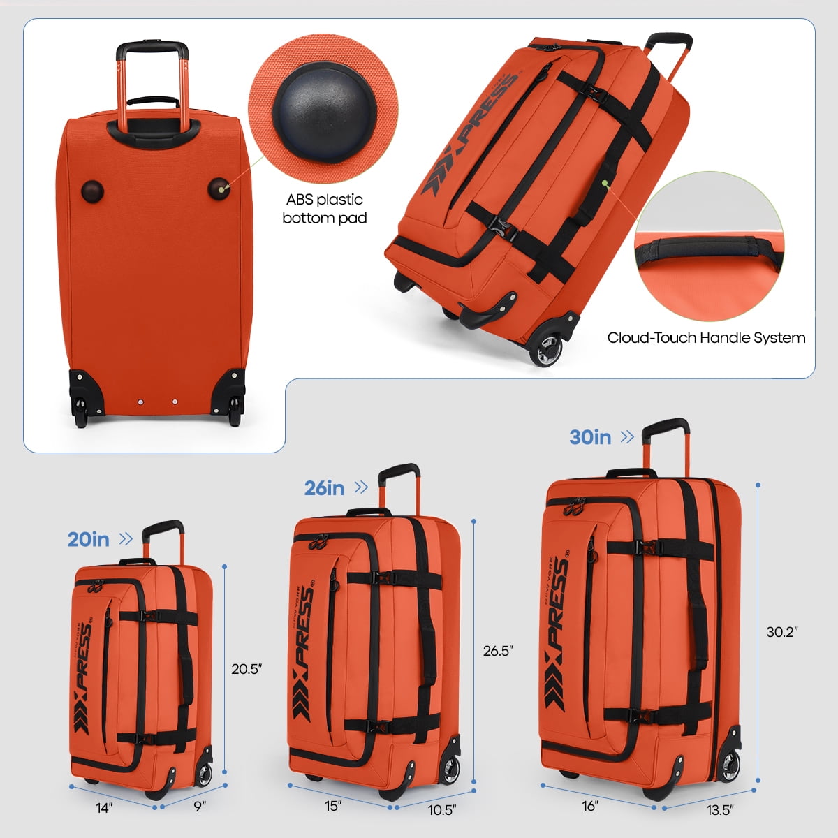 3 Piece Softside Luggage Set, Expandable Suitcases with Wheels, Heavy-Duty Waterproof Travel Bags, 20/26/30 in, Orange - TA069