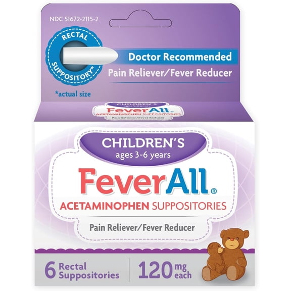 Feverall Infant Acetaminophen Suppositories 6 Rectal Suppositories 120 mg Each Pain Reliever/Fever Reducer. Paraben Free, No Artificial Colors or Other preservatives. Ages 3-6 Years