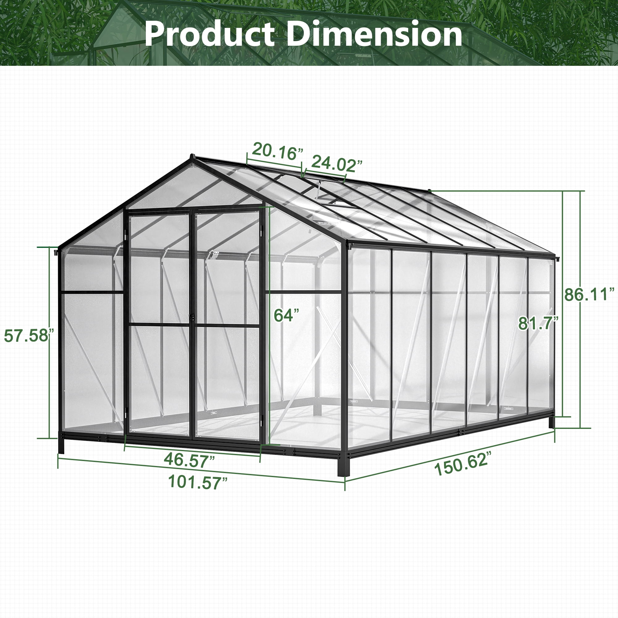 LZBEITEM 8x12 FT Greenhouse for Outdoors with Lockable Double Hinged Door 2 Vent Window, Quick Setup Polycarbonate Greenhouse, Walk-in Large Winter Greenhouse Sunroom Aluminum Greenhouse for Backyard