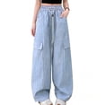 thumbnail image 2 of Girl's Cargo Pants Loose Baggy Jeans Drawstring Elastic Waist Streetwear Y2K Barrel Pants with Pockets (5-15 Years Old) Blue 14-15Years, 2 of 8