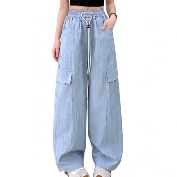 NAISIBABY Girls Cargo Pants, Straight Leg Elastic Waist Lightweight Summer Trendy Pants with Pockets Blue Size 8