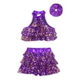 thumbnail image 3 of Alvivi Girls Sequins Dance Performance Outfits Sleeveless Halter Crop Top Skirt with Hair Band Set Purple 11-12, 3 of 5