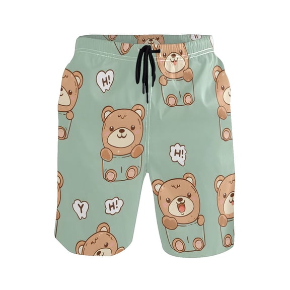 Cute Teddy Bear Pattern Mens Swim Trunks Quick Dry Board Shorts Breathable Fit Beach Shorts Swimwear