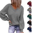 thumbnail image 4 of Suéter de manga larga para mujer, informal, suelto, con cuello en V, mangas de burbuja de Color puro, suéter de punto para otoño e invierno, gris L, 4 of 6