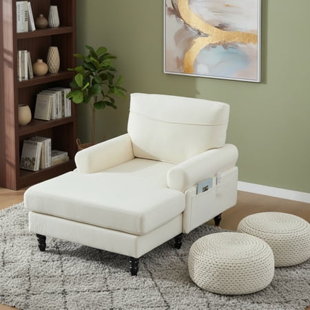 Sailvan Modern Chenille Chaise Lounge Indoor Recliner Chair Single Sofa with Storage Pocket & Solid Wood Legs Beige