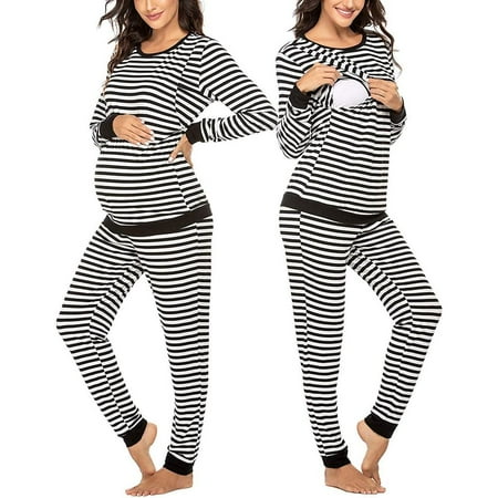 

Monfince Women Maternity Nursing Pajama Set Striped Breastfeeding Sleepwear Double Layer Long Sleeve Top Bottom Pregnancy Two-piece Suit