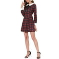 thumbnail image 4 of Allegra K Women's Halloween Costumes Contrast Peter Pan Collar Long Sleeve A-Line Plaid Dress, 4 of 5