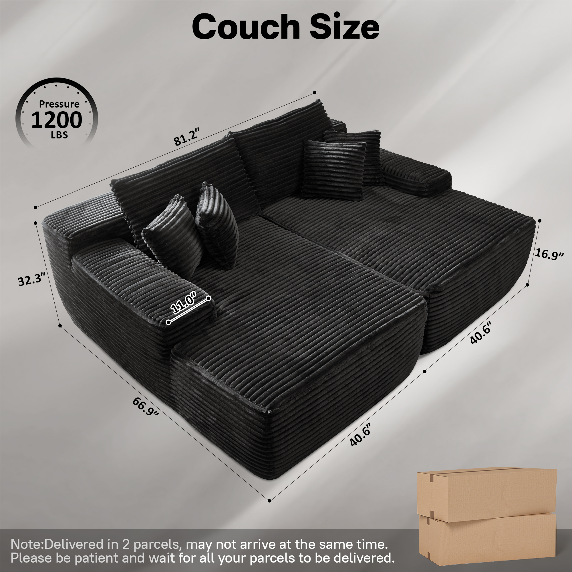 Vcatnet 81" Modular Sectional Sofa Couch Corduroy Chaise Lounge Loveseat Sofa Bed Oversized Upholstered Sleeper Sofa for Living Room and Bedroom, Black
