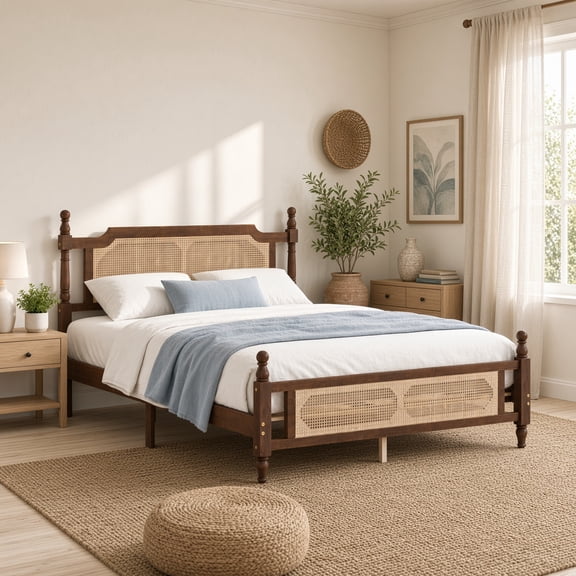 Queen Pine Wood Bed with Rattan Headboard & Footboard, Solid Wood Platform Bed with Central Support, No Box Spring Needed for Bedroom Guest Room, Walnut