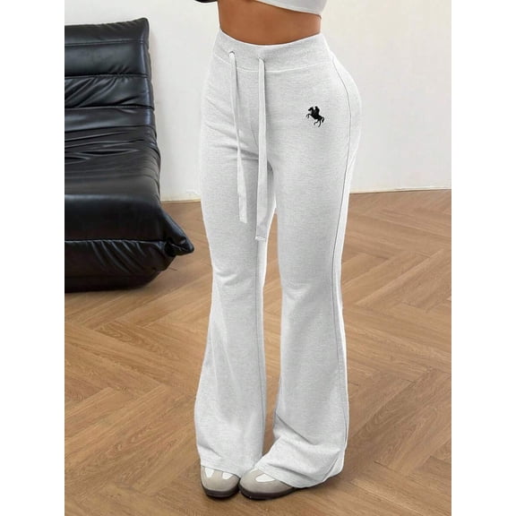 Women Drawstring Waist Embroidery Flare Sweatpants