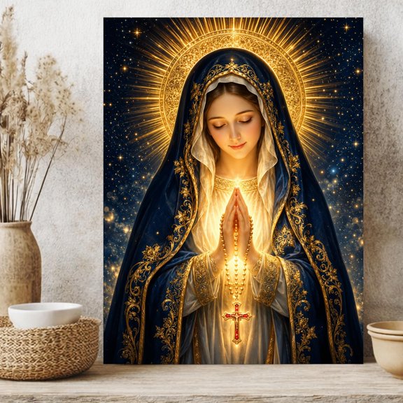 Virgin Mary Rosary Canvas Print, Catholic Wall Art, Christian Religious Gift