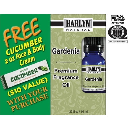 Best Gardenia Fragrance Oil 10 mL - Top Scented Perfume Oil - Premium Grade - by Harlyn - Includes FREE Cucumber Face & Body Nourishing