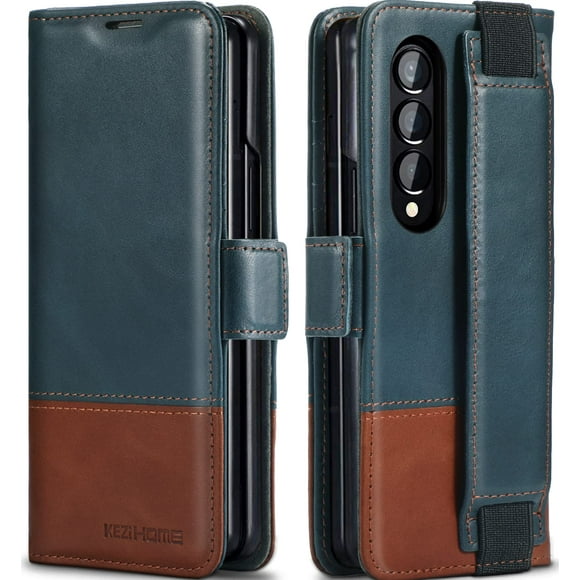 Funda KeziHome de piel auténtica para Samsung Z Fold 4, color azul marino