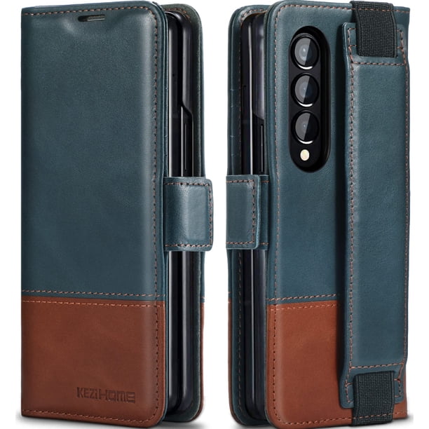 Funda KeziHome de piel auténtica para Samsung Z Fold 4, color azul marino