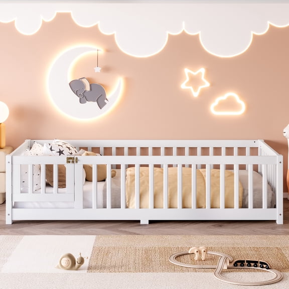DeepRoar Twin Size Bed Floor Bed with Safety Guardrails and Door for Boys and Girls, Wooden Floor Bed Frame Low to the Ground, White