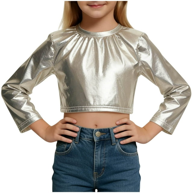 Haut Court de Performance pour Filles, Chemise à Manches Longues à Paillettes pour Danse, Tenue de Scène avec Tissu Extensible, Blouse à Col Rond pour Récitals, Haut de Costume pour Enfants pour Fêtes et Compétitions