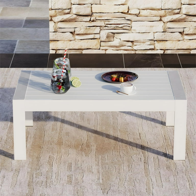 CozyHom Outdoor Patio Furniture Metal Coffee Table Rectangle Side Table Metal End Table Small Patio Coffee Table For Porch Yard Balcony Garden White