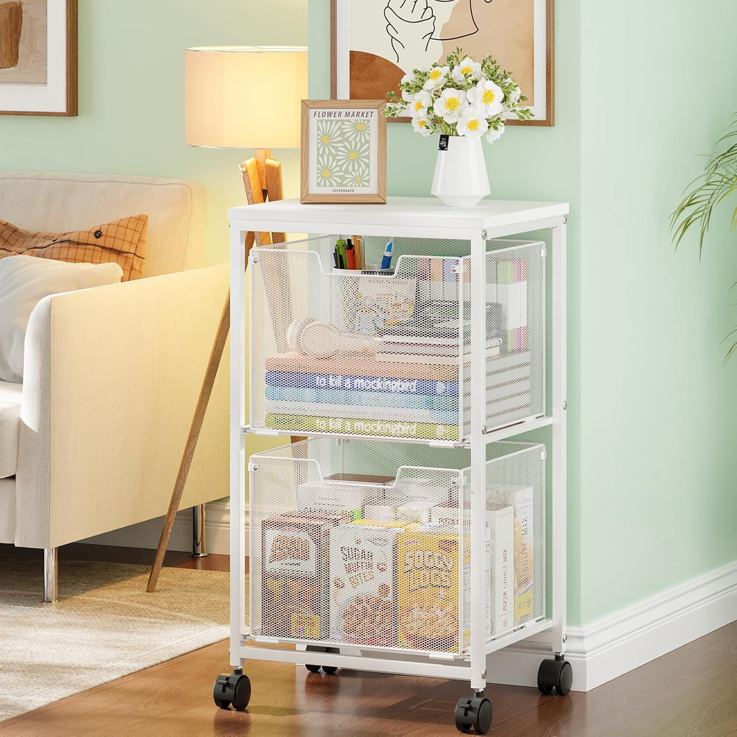 Rolling File Cart with 2 Storage Drawers,Under Desk Storage,Hanging File Folder Organizer with Wheels, Filing Cabinet Mobile Printer Stand Utility Craft Cart for Home Office,White