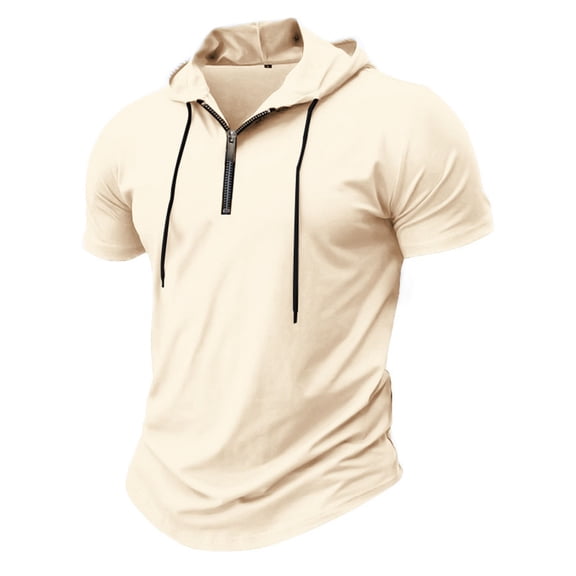LODIENY Men's Short Sleeve Muscle Hoodie T-Shirts Lightweight Gym Sweatshirt Trendy Half Zip up Long Sleeve Solid Athletic Drawstring Hooded Pullover Tops Khaki S