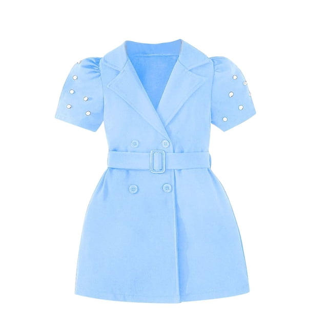 Odeerbi Niñas Verano Blazer Vestido Notched Lapel Doble Pechera Cinturón Vestido Trabajo Oficina Manga Corta