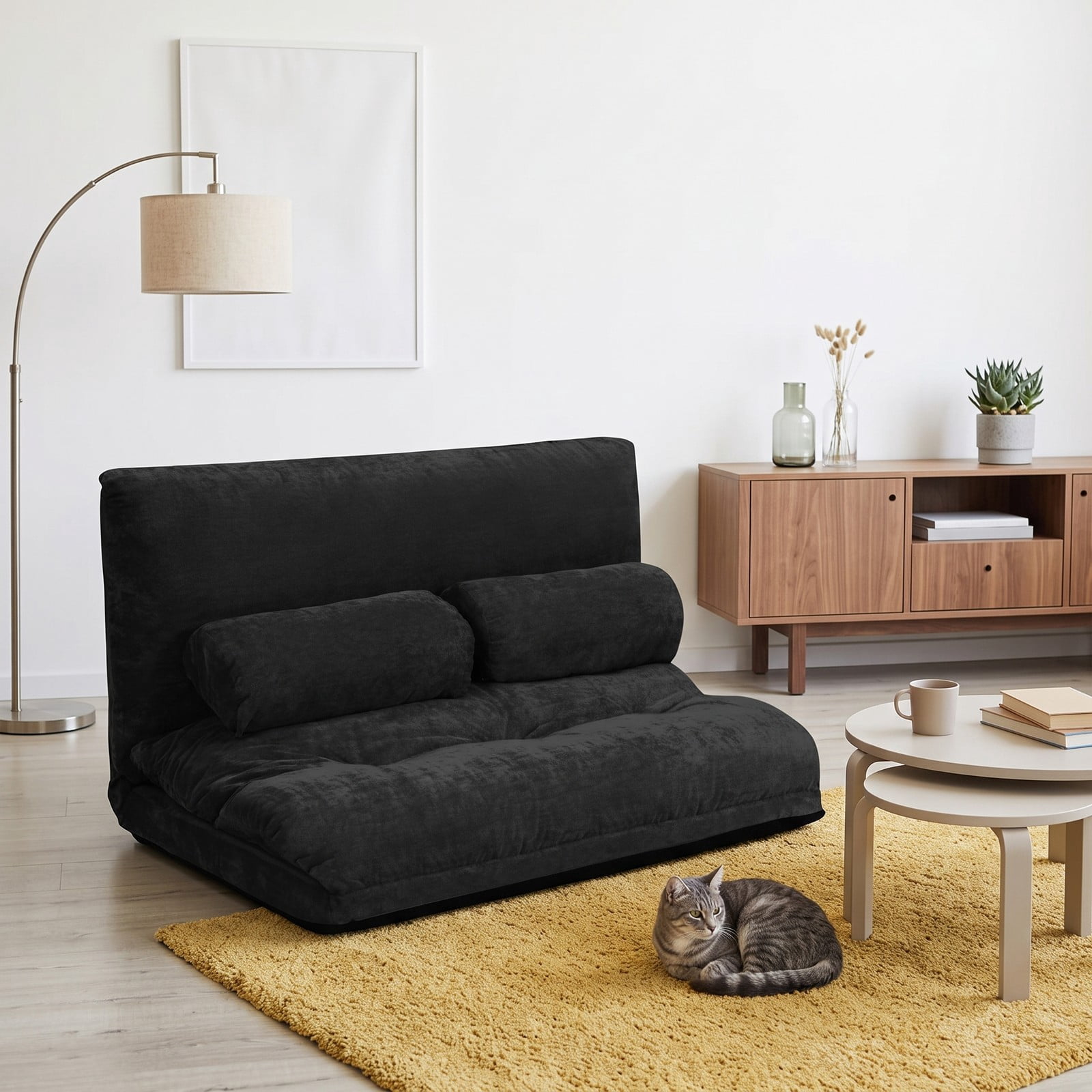 Furnibear 6-Position Adjustable Floor Sofa Bed, Foldable Sleeper Lounge Couch with 2 Pillows, Padded Corduroy Recliner Chair for Living Room Bedroom, 330 lbs, Black