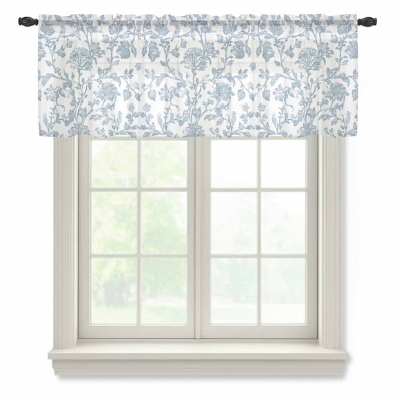 Light Blue Flower Valance Curtains for Kitchen/Living Room/Bathroom/Bedroom Window, Rod Pocket Small Topper Half Short Window Curtains Voile Sheer Scarf, Vintage Farmhouse Boho Leaf Spring 42"x12"