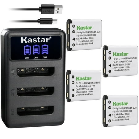 Kastar 4 Pack Battery and LCD Triple USB Charger Compatible with Olympus Camedia X-600 D-630 D-720 D-725 D-730 DS-3500 DS-7000 FE-20 FE-47 FE-150 FE-160 FE-190 FE-220 FE-230 FE-240 FE-250 FE-280