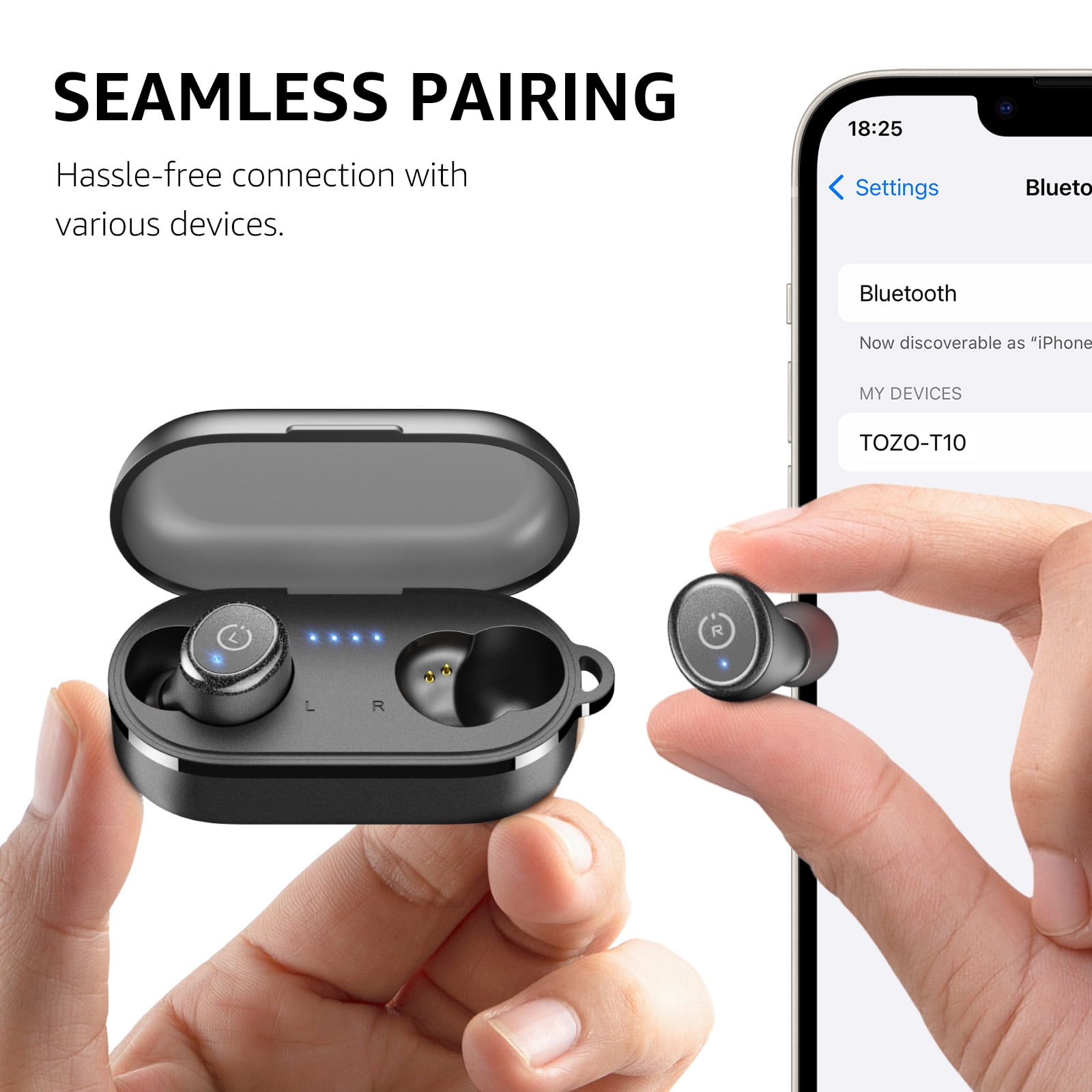 TOZO T10 Wireless Earbuds Bluetooth Headphones, 55H, Stereo Bass, App Customize 32 EQ, Wireless Charge, IPX8 Waterproof, 100+ White Noise Tracks, Ergonomic Design, Black