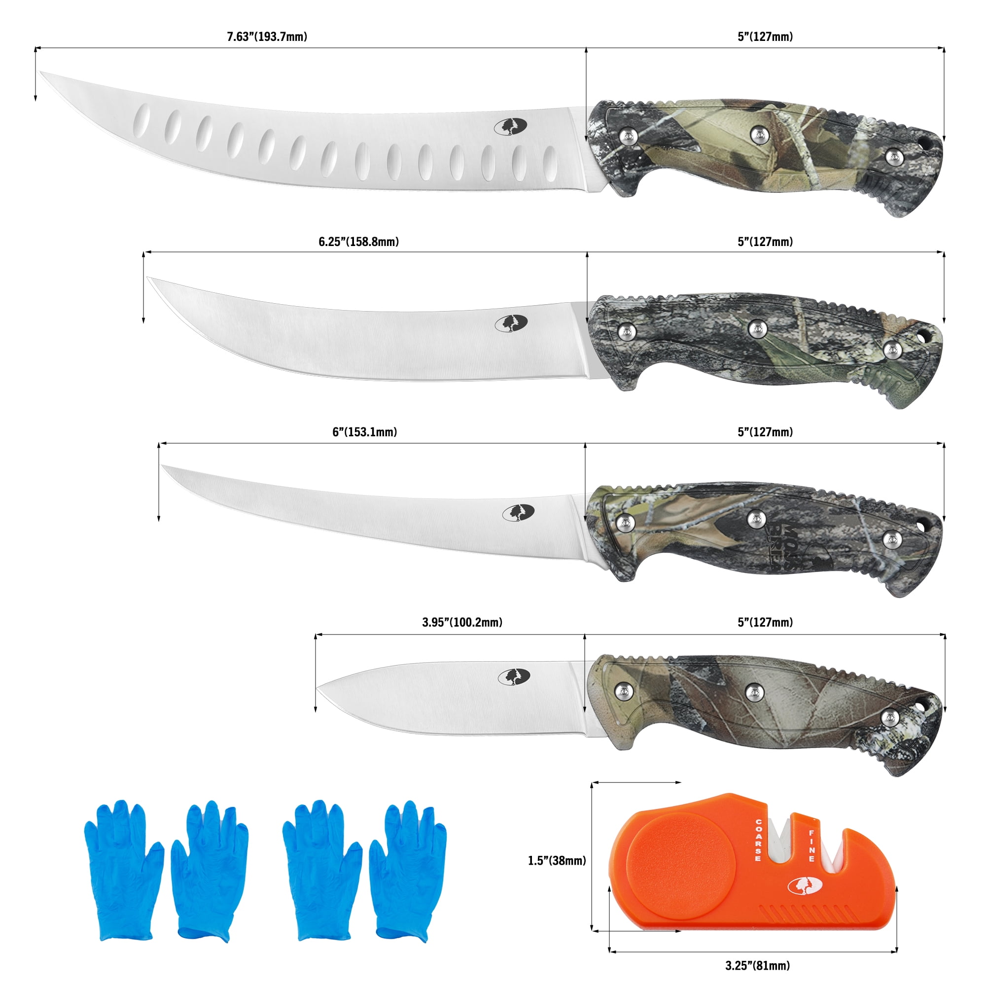 Mossy Oak 8-Piece Wild Game Butcher Set with Knives, Sharpener for Hunting, Field Dressing, Processing Deer