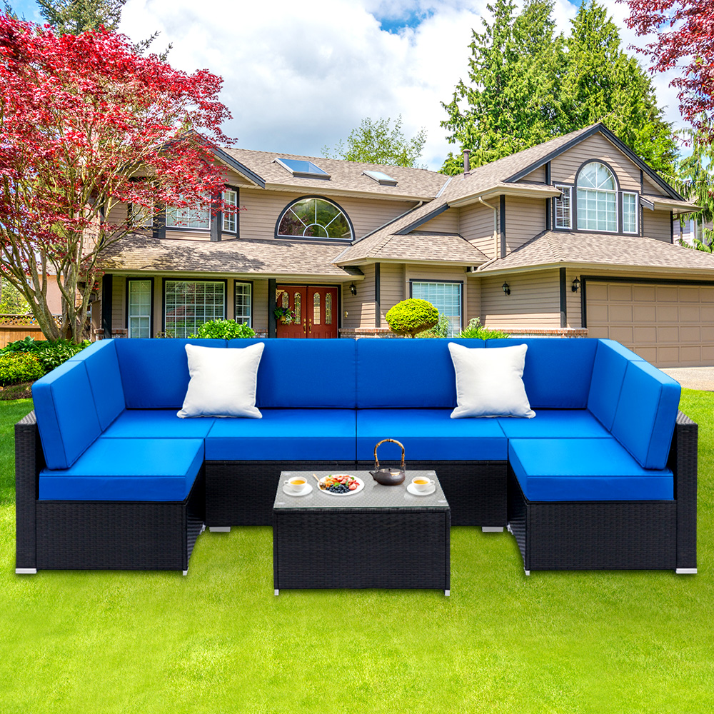 uhomepro 7-Piece Outdoor Furniture, Patio PE Rattan Wicker Sectional Sofa Set with Two Pillows, Coffee Table, All Weather Outdoor Couch, Durable Chat Set for Porch Poolside Balcony, Dark Blue, Q9891 - image 1 of 13
