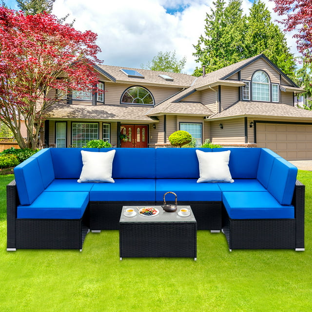 uhomepro 7-Piece Outdoor Furniture, Patio PE Rattan Wicker Sectional Sofa Set with Two Pillows, Coffee Table, All Weather Outdoor Couch, Durable Chat Set for Porch Poolside Balcony, Dark Blue, Q9891