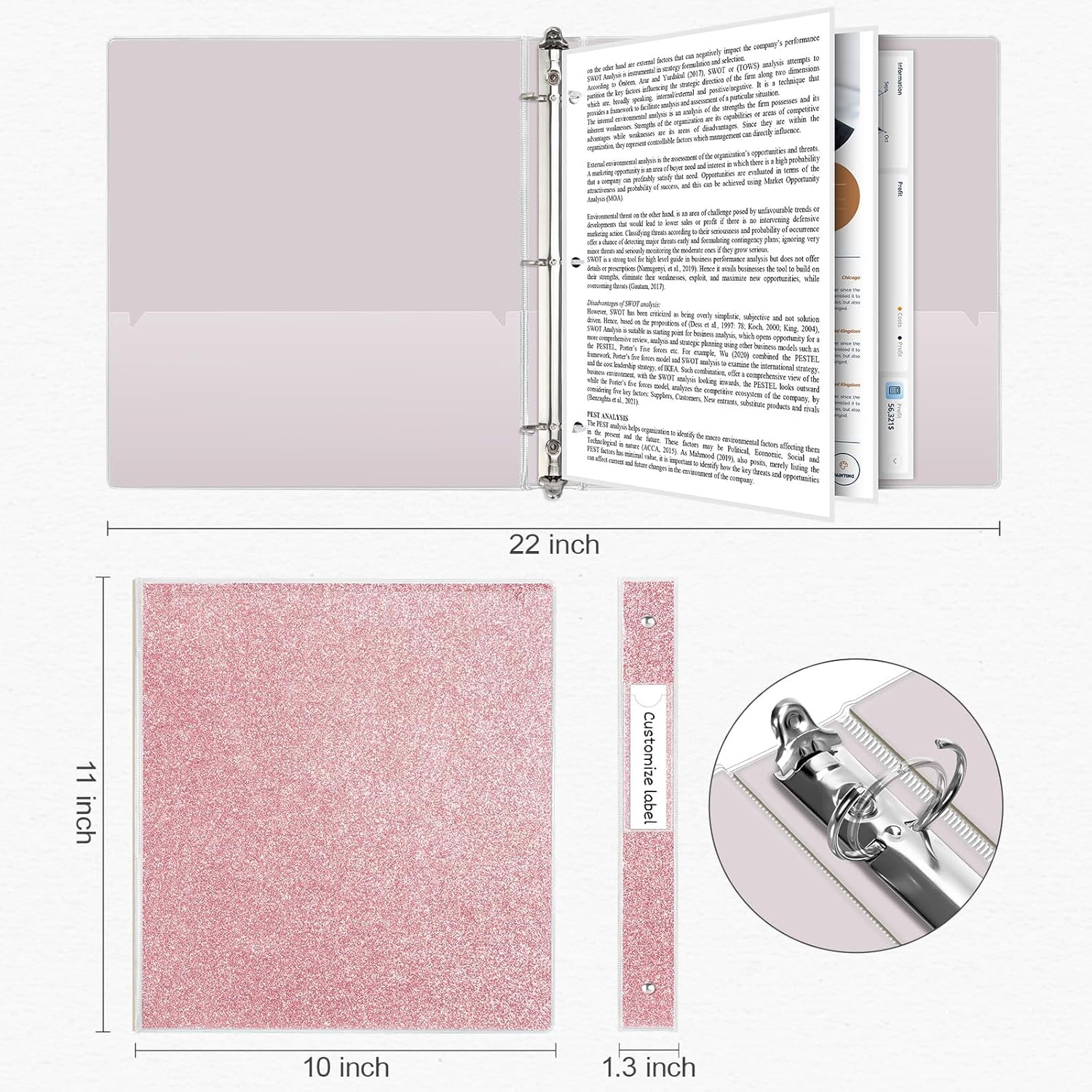 3 Rings Binder for School Supplies, 1 Inch Round Rings to Hold 300 Sheets, Fashion View Binders, Glitter Pink