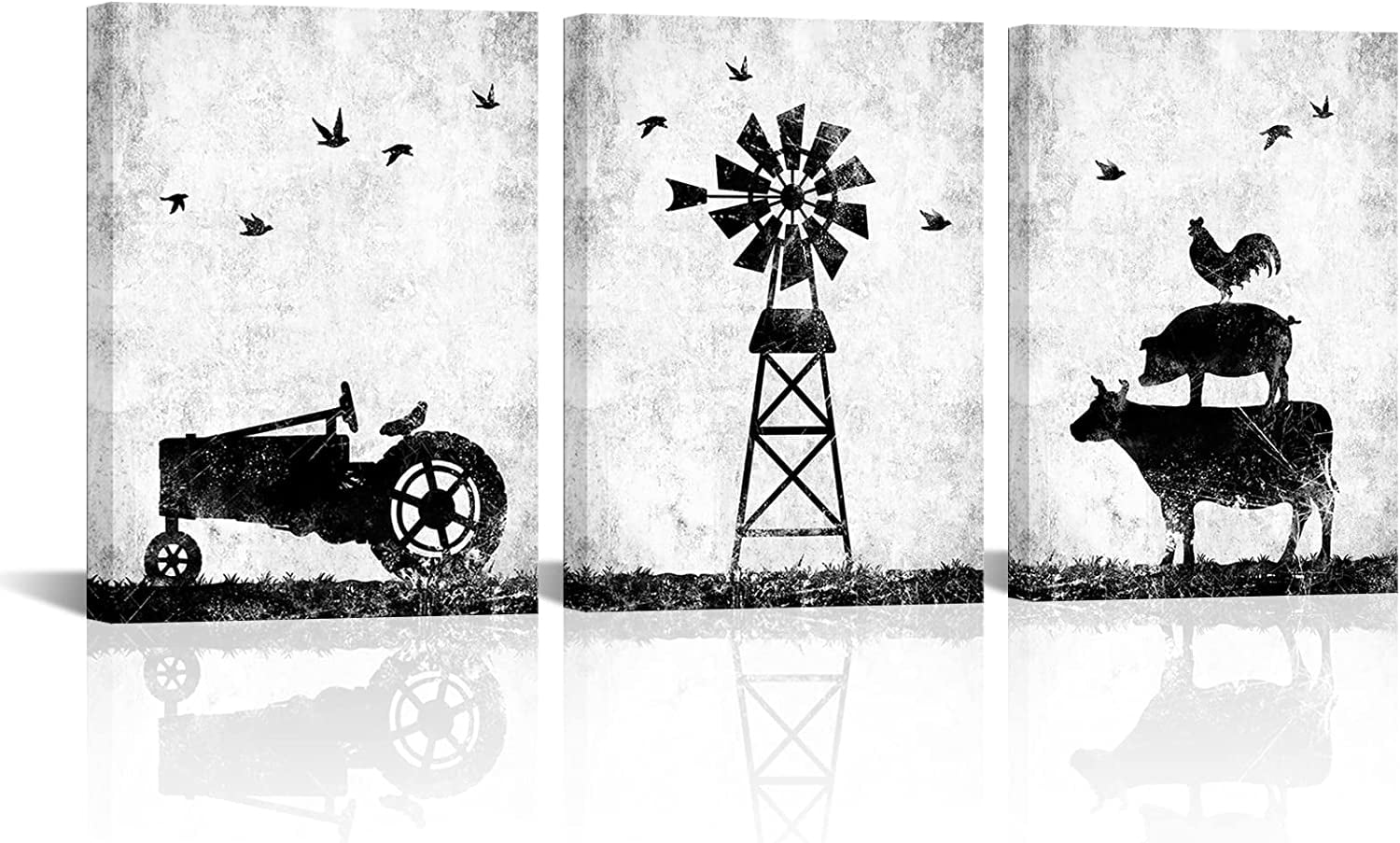 Black and White Farmhouse Wall Art Farm Animal and Windmill Wall Decor