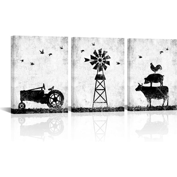 Black and White Farmhouse Wall Art Farm Animal and Windmill Wall Decor
