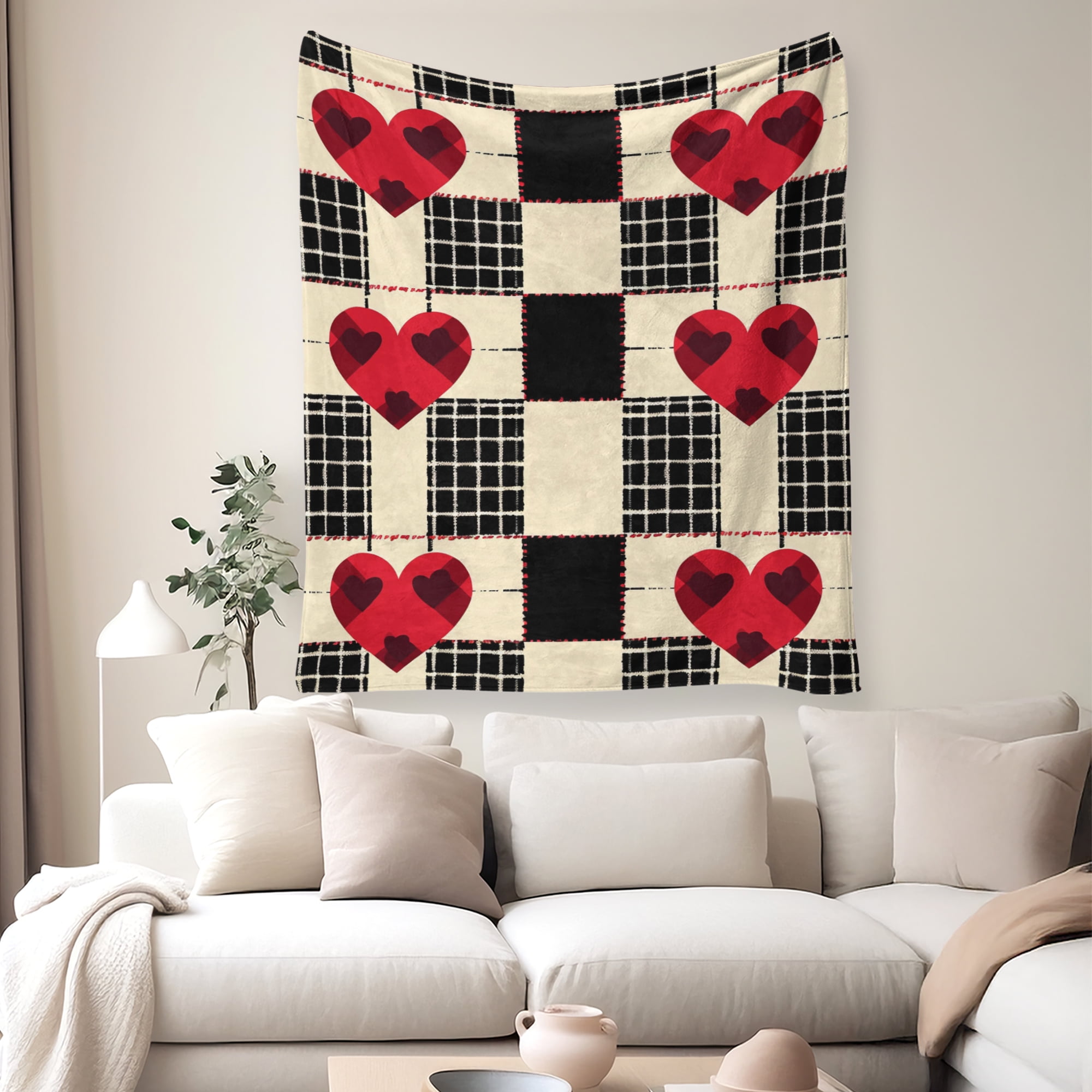 Flannel Fleece Throw Blanket, Soft Large Throw Blanket, Lightweight Cozy Plush Throw Blanket Fit Sofa Bed, 50"x60", Heart & Plaid pattern