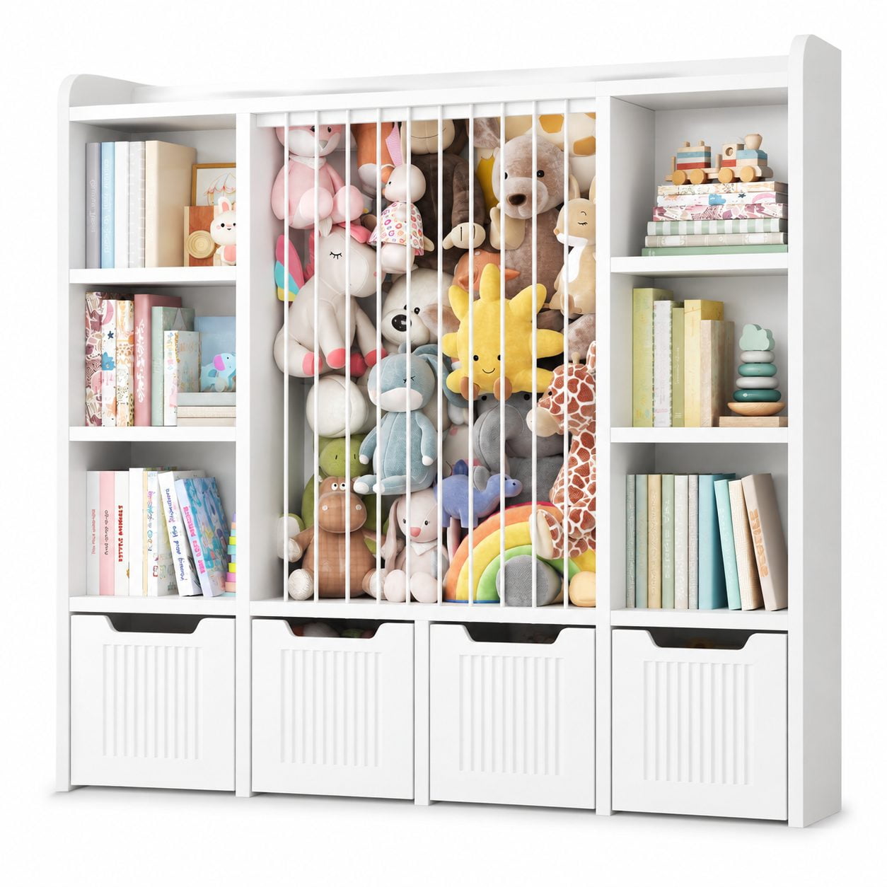 White 3-in-1 Toy and Plush Storage Chest with 4 Rolling Compartments Kids Organizer with 6 Open Bins Children s Bookshelf for Bedroom Playroom Rounded Edges & Anti-Tipping Design