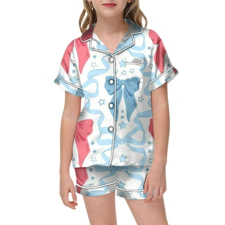HABDGIKS Kids Pajama Set for Girl Bow Tie Printed Lapel Short Sleeve Top Button Down Comfortable Shorts Cute Comfortable Breathable Home Wear Clothing