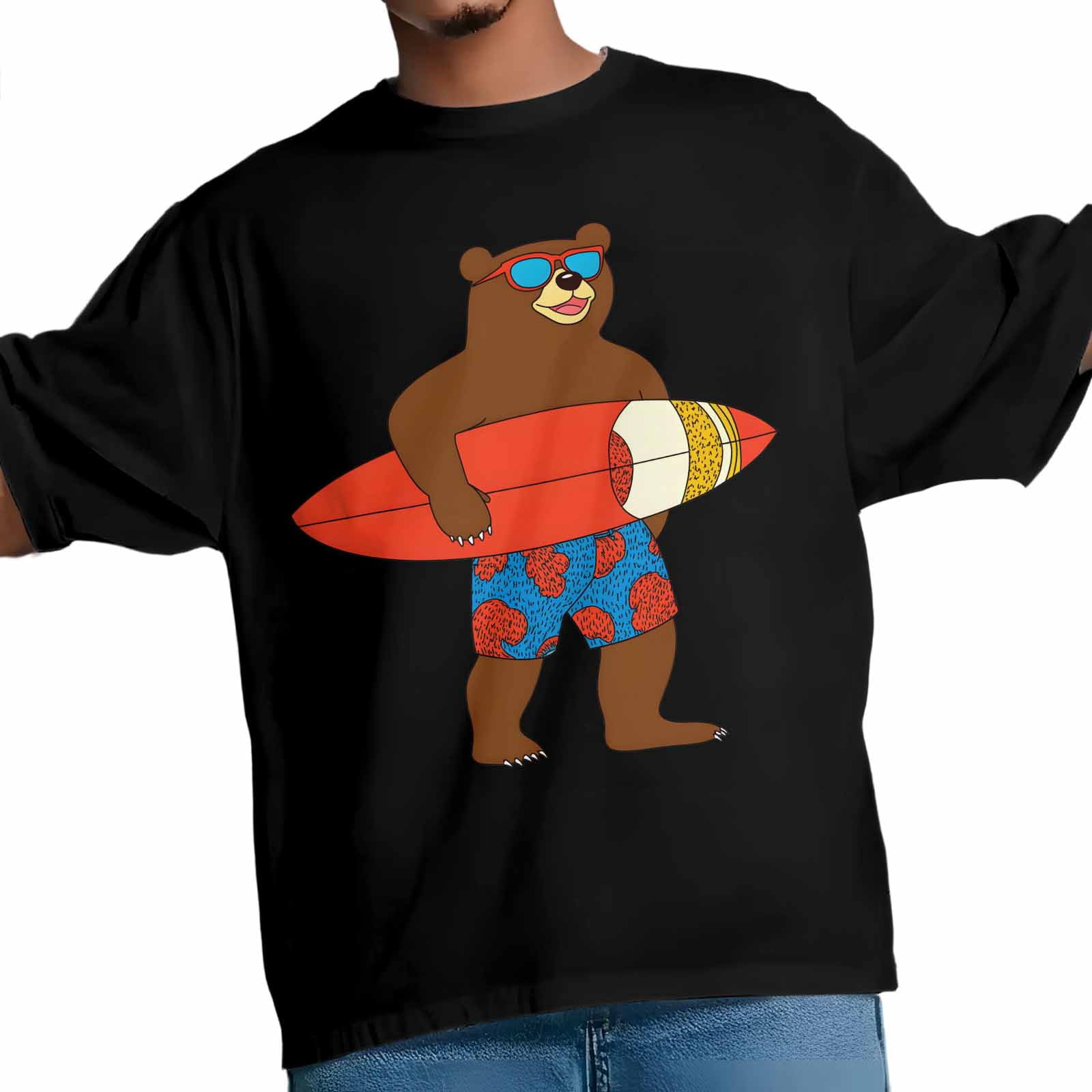 Surf Brown Bear Men's T Shirts Cartoon Bear with Glasses T-Shirt for Men Crew Neck Tees Cotton Tops Black, S