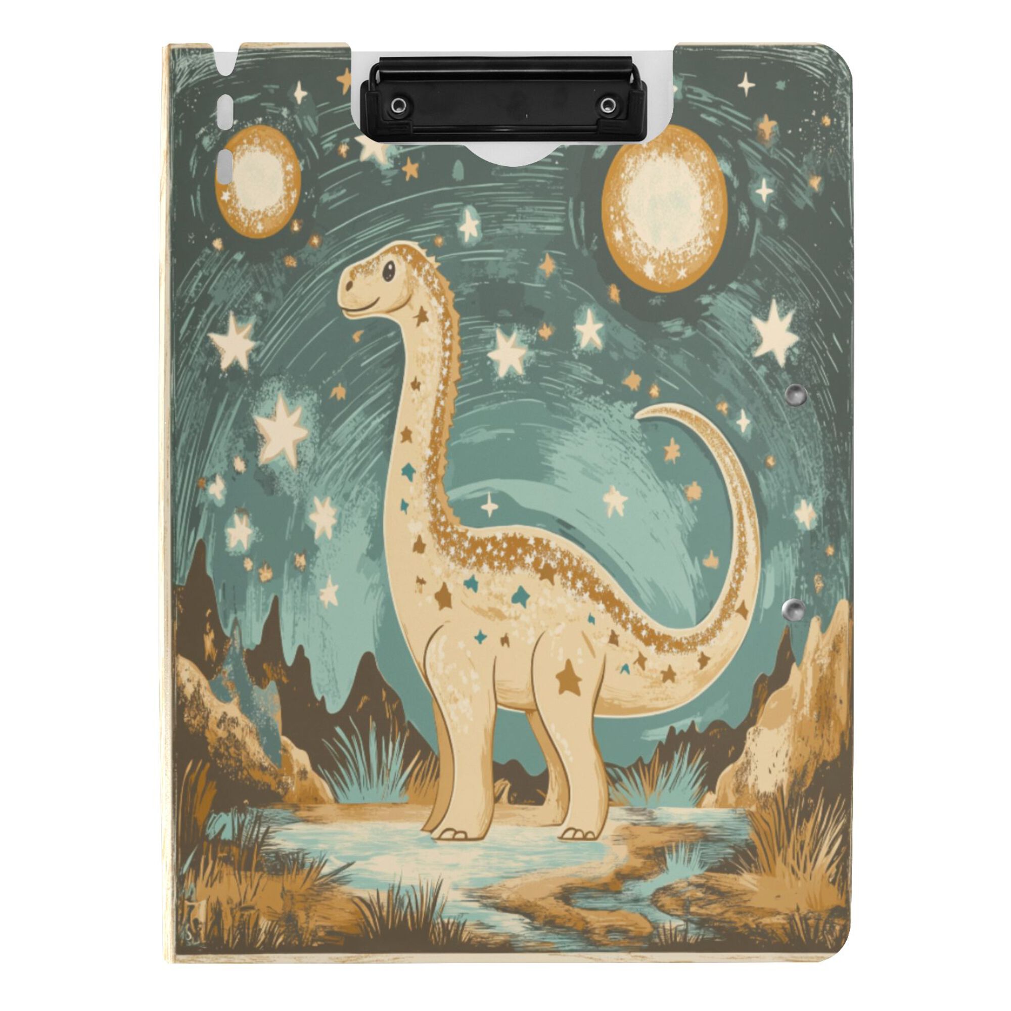 FORMRS A4 Clipboard Folder with Pen Holder Horizontal Foldable School Office Binder, Dinosaur with Stars