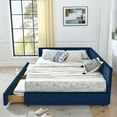 thumbnail image 3 of Queen Size Upholstered Daybed with 2 Storage Drawers, Velvet L Shaped Day Bed with Upholstered Armrest, Modern Corner Sofa Bed Frame for Bedroom, Living Room, Dark Blue, 3 of 8