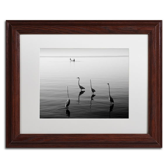 Trademark Fine Art "4 Herons and Boat" Canvas Art by Moises Levy White Matte, Wood Frame