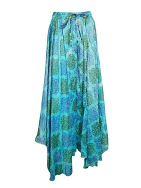 Mogul Women Blue Green Wide Leg Flare Vintage Printed Sari Divided Maxi Hippie Chic Long Skirts SM