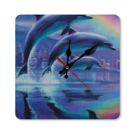 RKSupls 10×10inch Dolphins Rainbow City Water Square Unmarked Wall Clock Silent Non-Ticking Home Decor for Bedroom Living Room Office Classroom Easy to Install