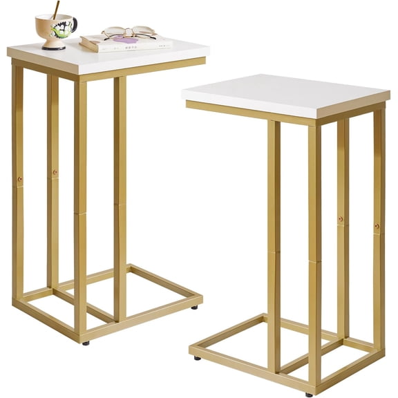 Small Side Tables C Shaped, End Table, Small Table Stand for Living Room Bedroom, Little Bedside Table 16x12x25 inch White+Gold