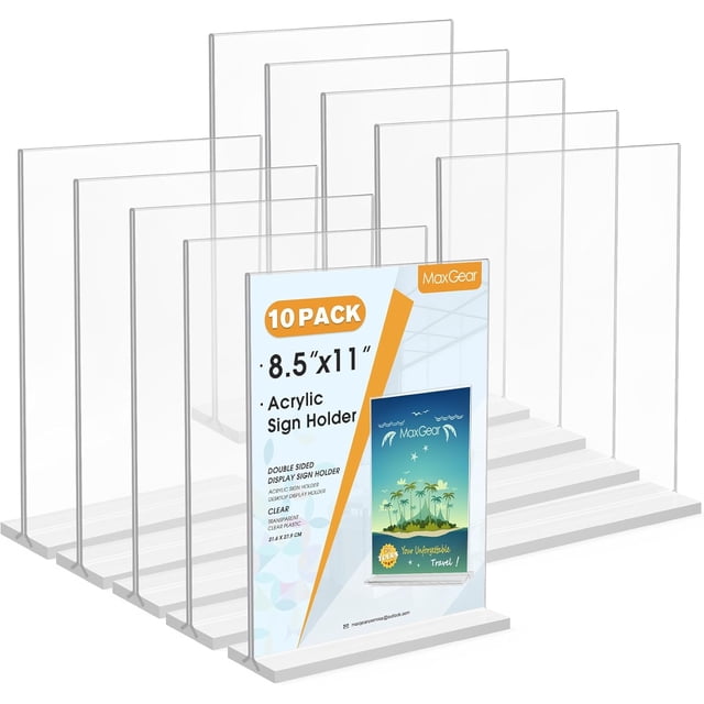 MaxGear Acrylic Sign Holder 8.5x11 Inches 2 Pack, Double Sided Clear Display Stand Table Top Paper Holder, Vertical Menu Flyer Stand, Plastic Frame for Stores, Restaurants, Hotels, Office