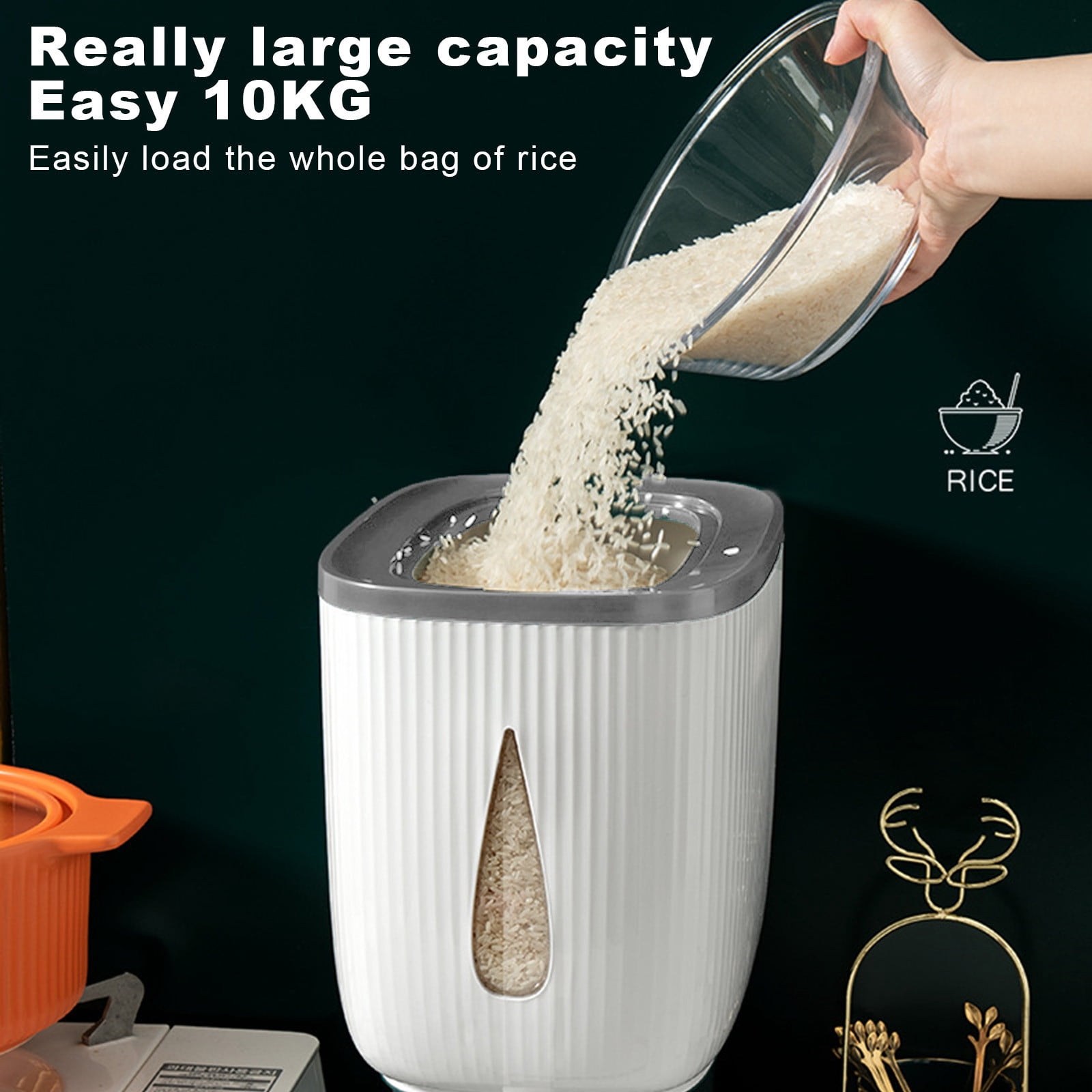 Elainilye Food Grade Rice Dispenser Storage Container with Measuring Cup, Airtight 20 lb Capacity Rice Bin for Kitchen Pantry Organization