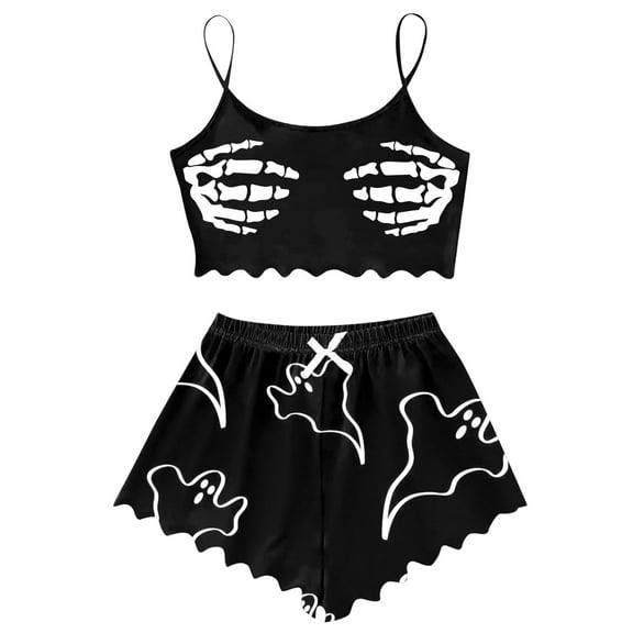 CONFREE Halloween Women Pajamas Sets Sleeveless Skeleton Sleepwear Tops Shorts Sexy Hallowmas Pjs for Women Cozy Nightwear