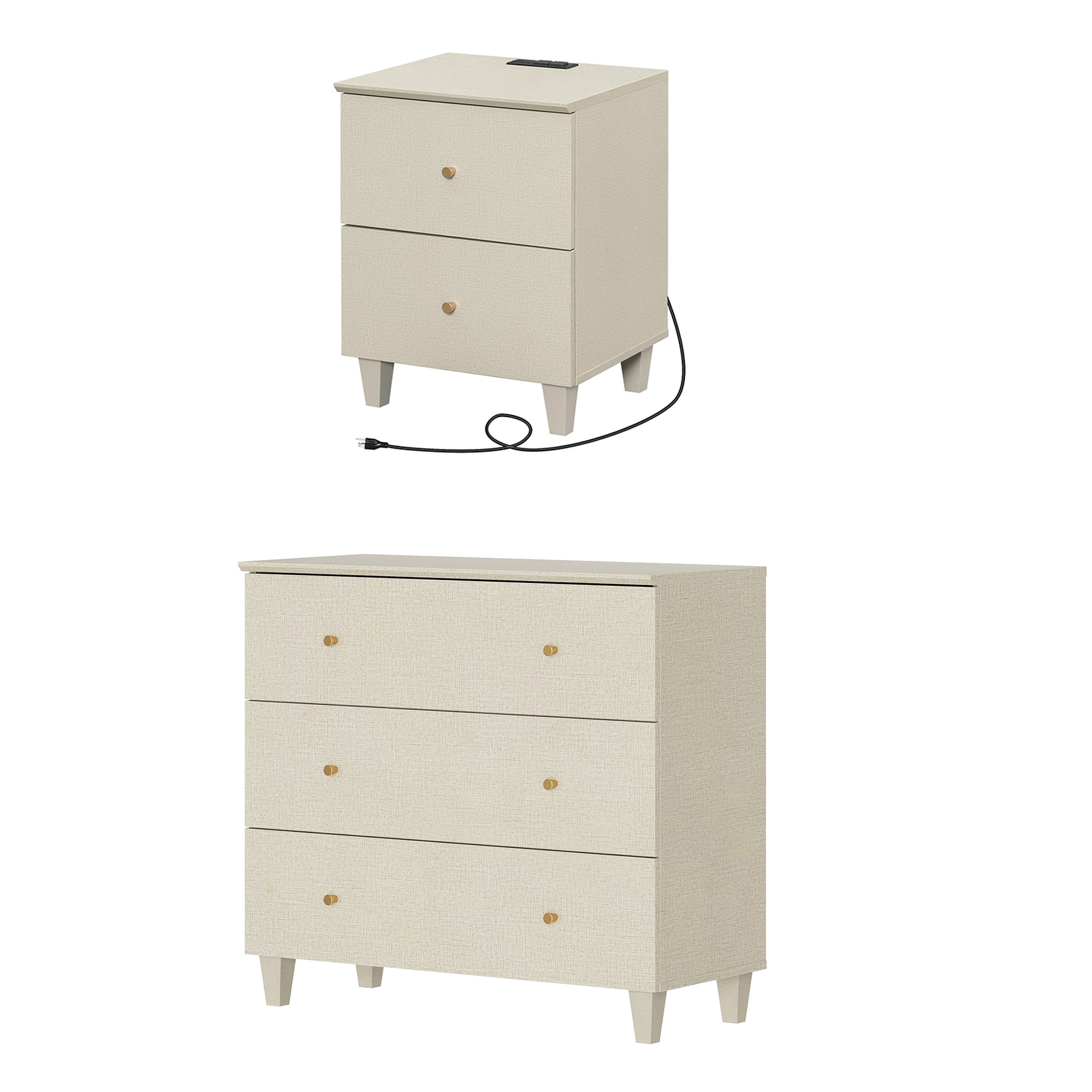 WAMPAT Dresser and Nightstand Set of 2, Wood Dresser with 3 Drawers, Nightstand with Charging Stations for Living Room, Beige Linen Printed