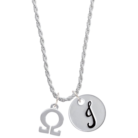 Delight Jewelry Silvertone Large Greek Letter - Omega - Silvertone Script Initial Disc - J - Charm Necklace, 20"+3"
