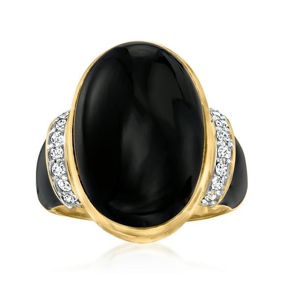 Ross-Simons Black Onyx and .21 ct. t.w. Diamond Ring With Black Enamel in 18kt Gold Over Sterling, Women's, Adult